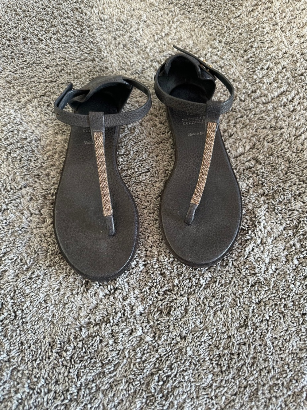 Brunello Cucinelli Brown Leather & REAL rose gold T-Strap Thong Sandals - Sz 37